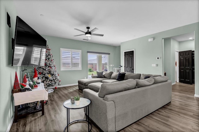 living room with hardwood / wood-style floors and ceiling fan