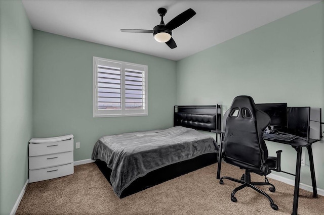 bedroom with light carpet and ceiling fan