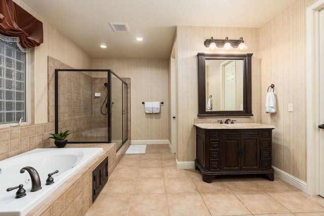 1445 E Via Roma Dr, Fresno, CA 93730 - full bathroom with a stall shower, a jetted tub, tile patterned flooring, baseboards, and recessed lighting