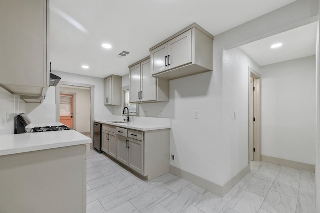 kitchen with range, exhaust hood, gray cabinetry, and sink