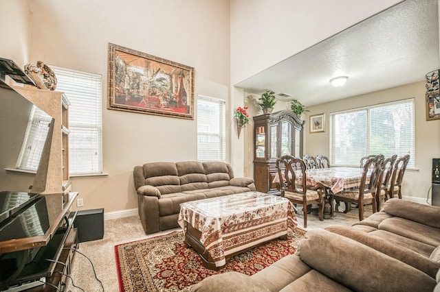 living room featuring light colored carpet and a textured ceiling