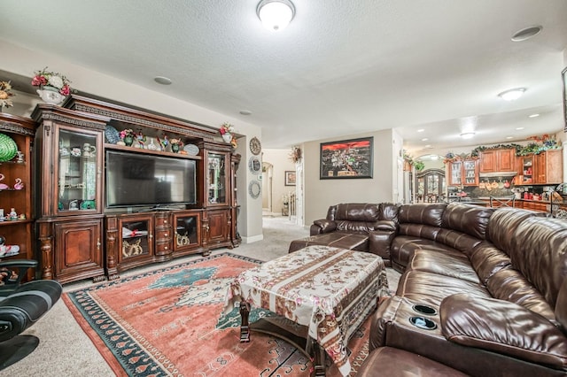 living room with light colored carpet and a textured ceiling