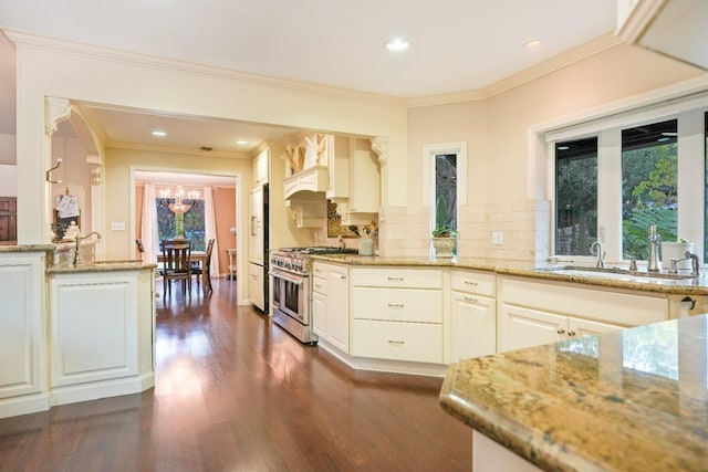 kitchen featuring tasteful backsplash, light stone counters, dark wood-type flooring, sink, and double oven range