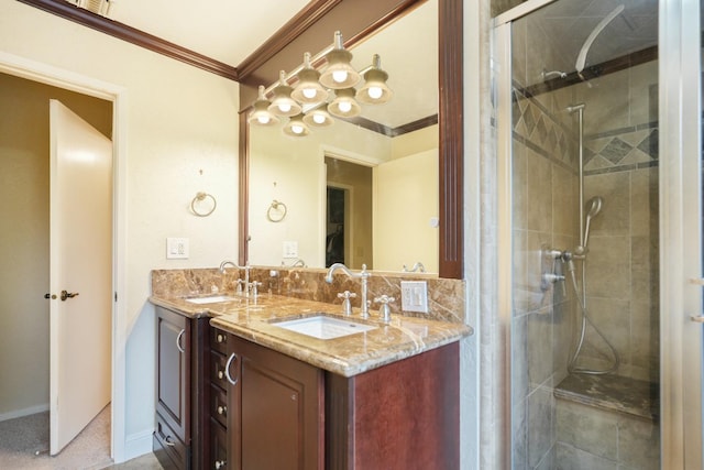 bathroom with vanity, walk in shower, and ornamental molding