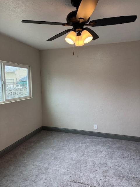 carpeted spare room with ceiling fan