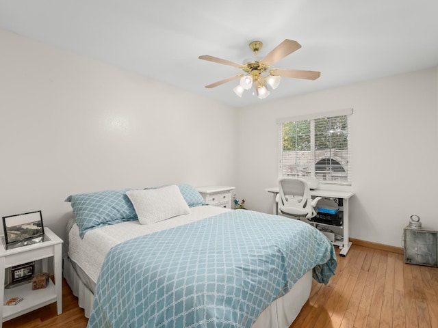 bedroom with ceiling fan and light wood-type flooring