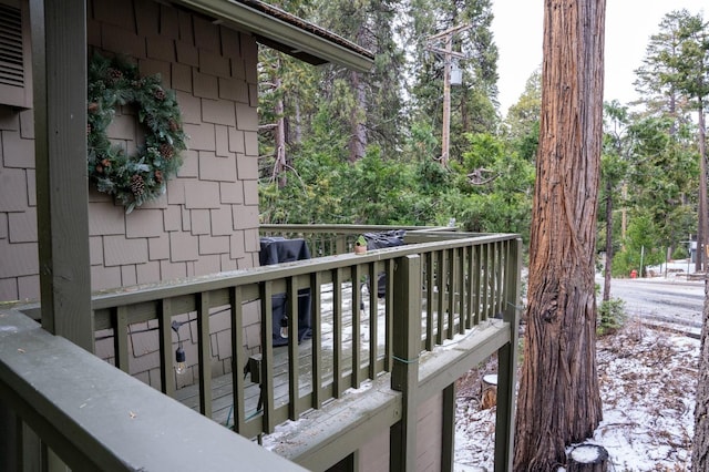 42135 Hanging Branch Rd, Shaver Lake, CA 93664 - view of wooden balcony with a deck