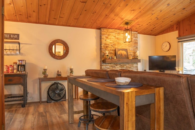 42135 Hanging Branch Rd, Shaver Lake, CA 93664 - dining room with lofted ceiling, wood finished floors, and wooden ceiling