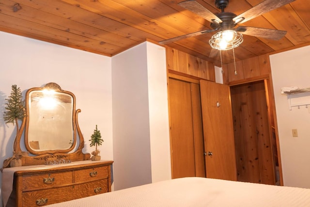 bedroom featuring ceiling fan and wood ceiling