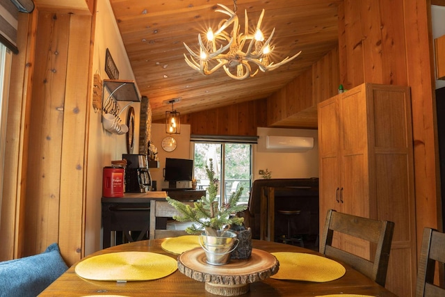 dining area with a wall mounted air conditioner, an inviting chandelier, lofted ceiling, and wood ceiling