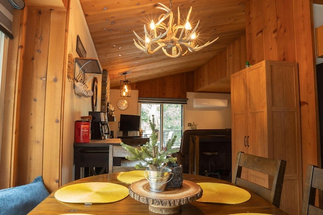 42135 Hanging Branch Rd, Shaver Lake, CA 93664 - dining room featuring lofted ceiling, a chandelier, wood ceiling, and a wall unit AC