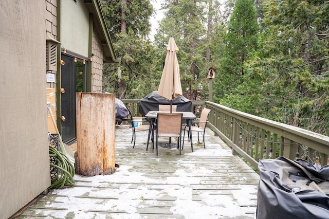 42135 Hanging Branch Rd, Shaver Lake, CA 93664 - wooden terrace with outdoor dining area