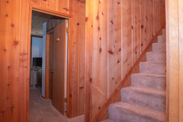42135 Hanging Branch Rd, Shaver Lake, CA 93664 - stairs featuring wood walls and carpet