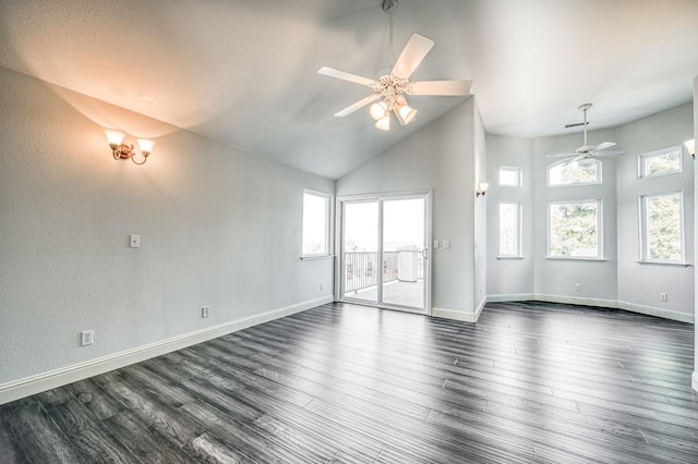 unfurnished living room featuring dark wood-type flooring, ceiling fan, and high vaulted ceiling