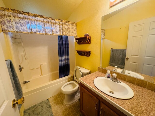 full bathroom with shower / bath combination with curtain, toilet, and vanity