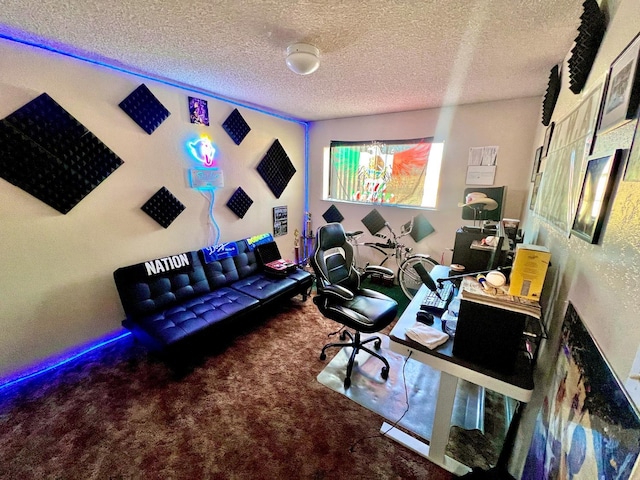 office space featuring carpet floors and a textured ceiling