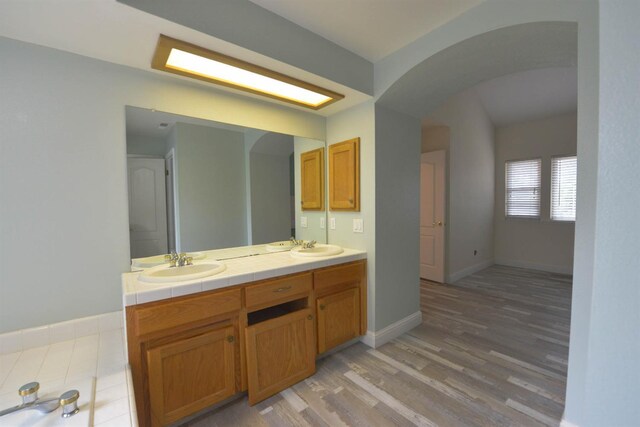 bathroom with wood-type flooring and vanity