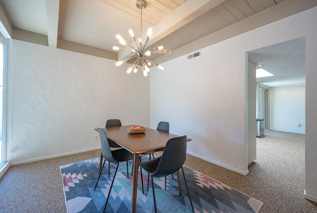 dining area featuring carpet floors, beamed ceiling, and a notable chandelier