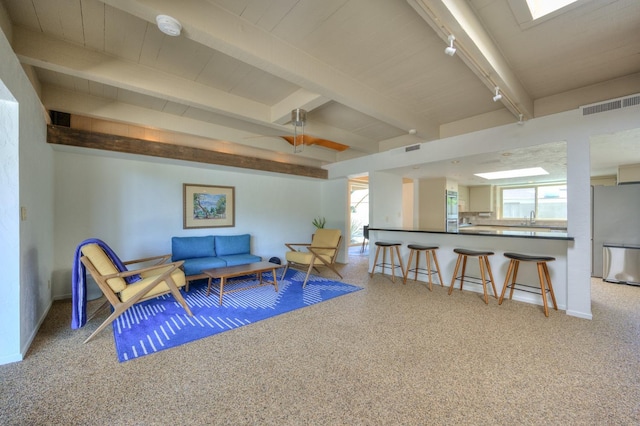 living area with rail lighting, ceiling fan, sink, beamed ceiling, and carpet floors