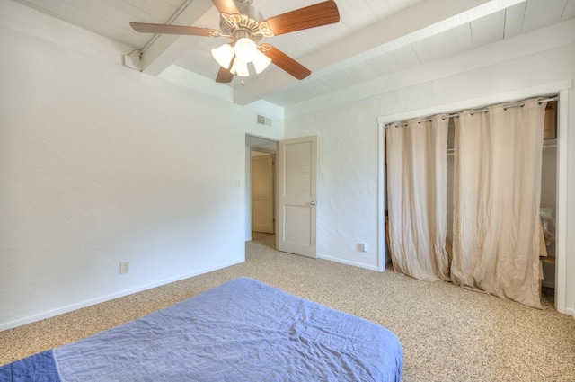 bedroom with carpet flooring, ceiling fan, and beam ceiling