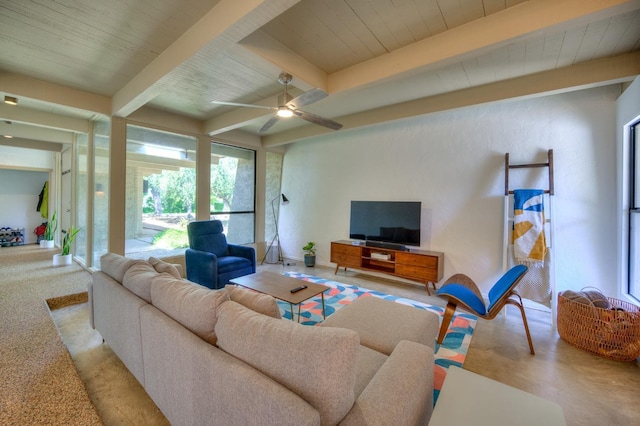 living room with ceiling fan, beam ceiling, and wooden ceiling