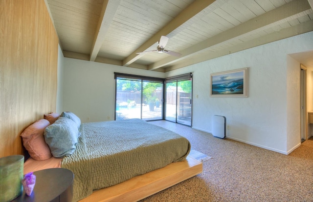 bedroom featuring beamed ceiling, carpet, access to outside, and ceiling fan