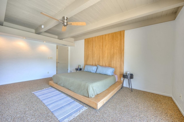 bedroom featuring beam ceiling, ceiling fan, and carpet flooring