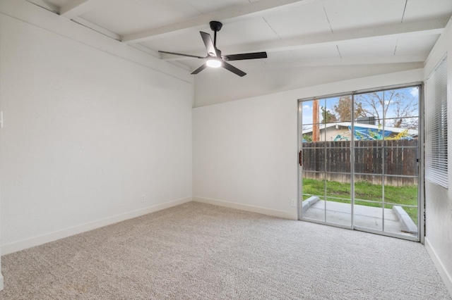 carpeted spare room with lofted ceiling with beams and ceiling fan