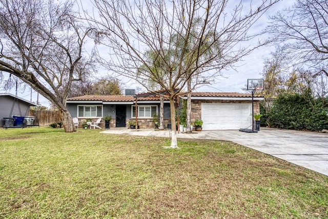 ranch-style home with a garage and a front lawn