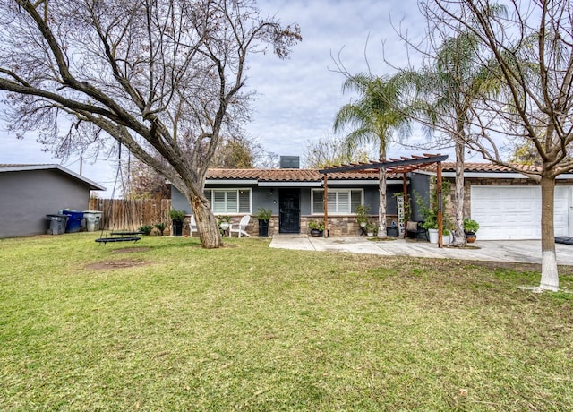 single story home featuring a front lawn and a garage