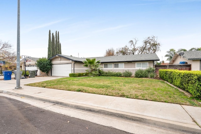 single story home featuring a front yard and a garage