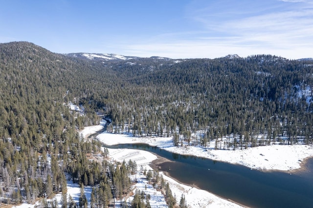 snowy aerial view with a mountain view