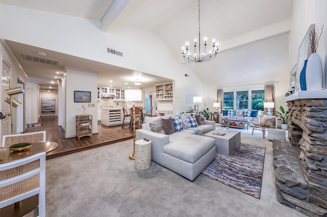 living room with high vaulted ceiling, wood-type flooring, and an inviting chandelier