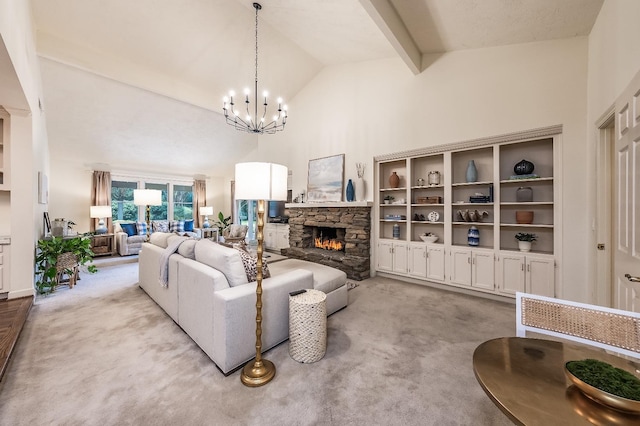 living room featuring light carpet, high vaulted ceiling, a stone fireplace, and a chandelier