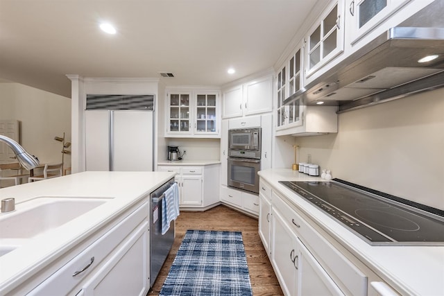 kitchen featuring appliances with stainless steel finishes, dark hardwood / wood-style flooring, white cabinetry, and sink