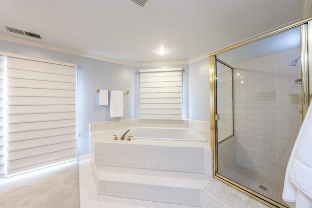 bathroom featuring independent shower and bath and crown molding