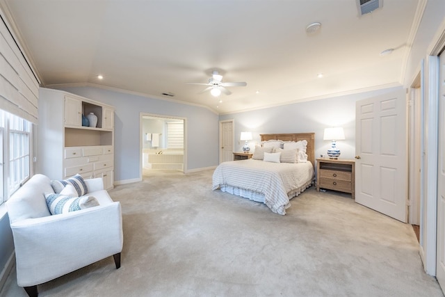 bedroom featuring light carpet, lofted ceiling, ceiling fan, and ornamental molding