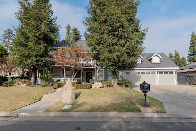 view of front facade with a front yard, a porch, and a garage