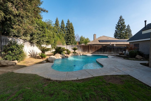 view of swimming pool with a patio and a lawn