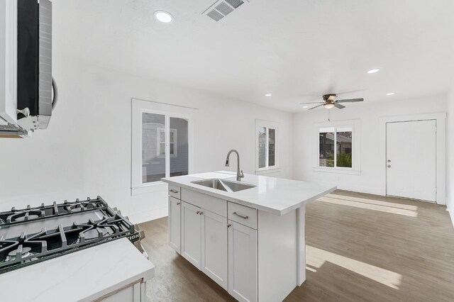 kitchen featuring ceiling fan, sink, wood-type flooring, a center island with sink, and white cabinets