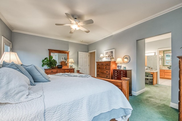 carpeted bedroom with connected bathroom, ceiling fan, and ornamental molding