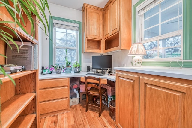 office featuring built in desk and light hardwood / wood-style flooring