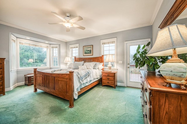 bedroom with access to outside, ceiling fan, carpet, and ornamental molding