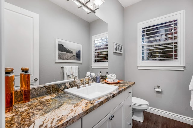 bathroom with vanity, toilet, and hardwood / wood-style floors