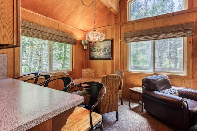 dining area featuring vaulted ceiling with beams, wooden walls, and wooden ceiling