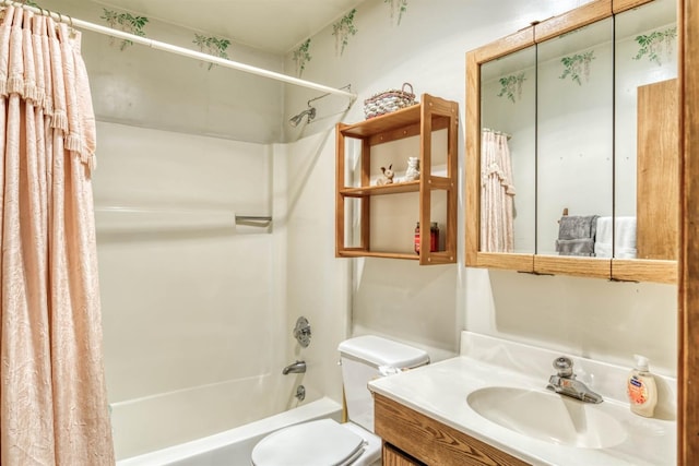 full bathroom with vanity, toilet, and shower / bath combo with shower curtain