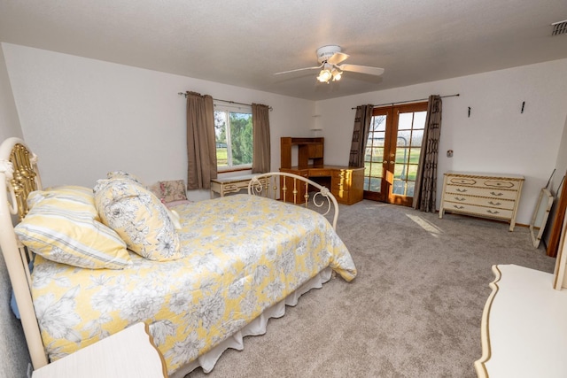 bedroom with french doors, carpet floors, and ceiling fan