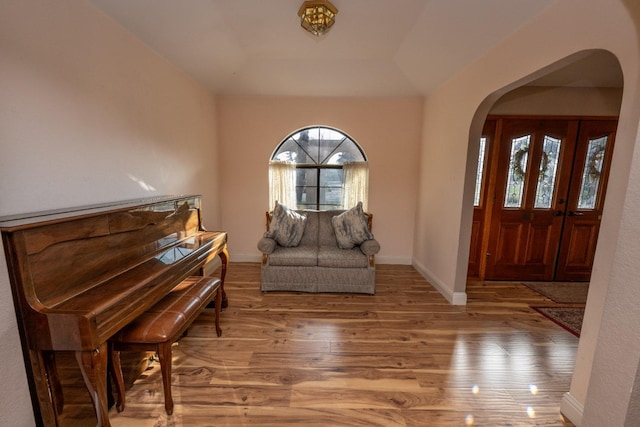 entryway with a raised ceiling and hardwood / wood-style flooring