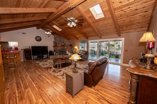 living room with ceiling fan, vaulted ceiling with skylight, wooden ceiling, and light hardwood / wood-style floors