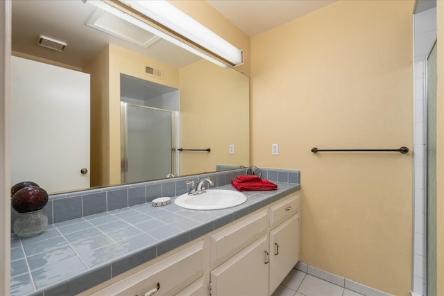 full bath featuring vanity, tile patterned flooring, a shower stall, and visible vents